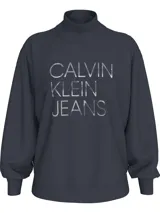Buzo azul marino de cuello alto con puños y ruedo acanalados. Estampado frontal con el logo de Calvin Klein Jeans en color gris.