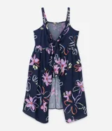 Blusa larga de viscosa con estampado floral, escote en V con lazo, breteles medianos y abertura frontal.