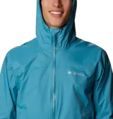 Campera impermeable Columbia Evapouration Jacket, color celeste, con capucha ajustable, cierre frontal completo, bolsillos laterales con cierre y ventilación en las axilas.
