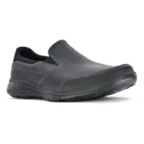 Mocasín Skechers Relaxed Fit Glides, color negro, con capellada de cuero, costuras decorativas y plantilla Gel Infused Memory Foam. Diseño Wide Fit de horma ancha.