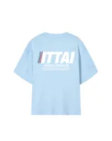 Remera celeste de corte recto con estampado frontal con el texto "ITTAI AN IBIZA PRODUCE Ittai Stars Department Gallery-Ibiza Edition. If you're in Ibiza, 112 is not an option.".