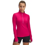 Remera deportiva manga larga fucsia con cierre medio en el cuello y orificios para los pulgares.