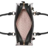 Bolso satchel Guess modelo Wrenley, color blanco con detalles en negro y herrajes dorados. Tiene doble asa de mano, correa bandolera ajustable y extraíble, cierre superior con cremallera y bolsillos internos.