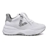 Championes blancos de cuero sintético con detalles plateados y logo de la marca con glitter en el lateral.