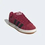 Championes Adidas Campus 00s color borgoña con las tres tiras laterales en negro y suela blanca con base color caramelo.