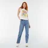 Camiseta sin mangas blanca con estampado de Stitch de Disney, palmeras y texto 'Welcome to Hawaii Surf Club'.
