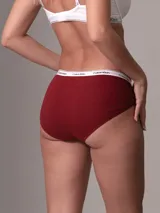 Bombacha hipster color borgoña de algodón elástico con cintura elástica blanca con logo de Calvin Klein.