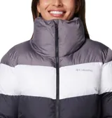 Campera puffer Columbia Puffect II con bloques de color gris, blanco y negro. Tiene aislamiento Thermarator™, tejido deperlante al agua, protector de mentón, bolsillos laterales con cremalleras y puños elásticos.