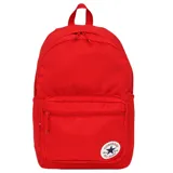Mochila Converse University roja con logo circular de la marca en blanco y negro en el bolsillo frontal.