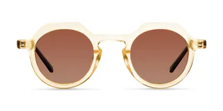 Lentes de sol unisex con armazón geométrico color amarillo claro y caramelo, y lentes polarizadas marrones con protección UV400.
