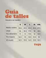 Short de baño color borgoña con cintura y laterales celestes.