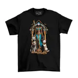 Remera negra de algodón con estampado de la diosa egipcia Bastet y dos gatos.