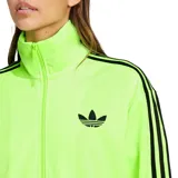 Campera deportiva Adidas Firebird de tejido tricot brillante, color verde lima fluorescente, con cierre frontal y cuello alto. Presenta las tres tiras negras a lo largo de las mangas y el logo del Trifolio negro bordado en el pecho.