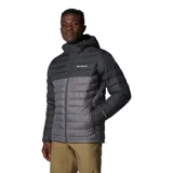 Campera puffer Columbia Powder Lite II, color verde oliva y gris claro, con capucha ajustable, cierre frontal, bolsillos laterales con cierre y logo de la marca bordado en el pecho.