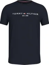 Remera azul marino de algodón con cuello redondo y logo de Tommy Hilfiger bordado en el pecho.