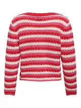 Cardigan de punto con cuello redondo, mangas largas y cierre con cordón. Diseño a rayas horizontales en tonos rojo, rosa y blanco.
