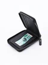 Billetera de tela color gris oscuro con cierre de cremallera.