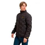 Chaqueta gris con cierre frontal, bolsillos laterales y logo de Caterpillar en el pecho. Resistente al agua y al viento, con aislamiento reciclado y ribete elástico en puños y dobladillo.