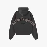 Campera con capucha color gris oscuro con logo "Nude Project" estampado en la espalda.