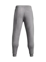 Pantalón de jogging Under Armour Rival Fleece para hombre, color gris melange, con cintura elástica ajustable, bolsillos laterales y logo bordado en la pierna izquierda. Corte ajustado en los tobillos.
