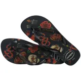 Ojotas Havaianas negras con estampado de calaveras, rosas, mariposas y serpientes.