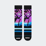 Medias negras con diseño de llama de Fortnite en tonos violeta y celeste.