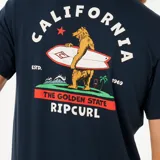 Remera azul de manga corta con cuello redondo y logo de Rip Curl con un león surfeando en el pecho.