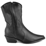 Bota de cuero marrón con caña media, puntera fina y taco bajo de madera.