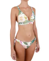 Top de bikini con estampado floral multicolor, corte triangular y tirantes finos.
