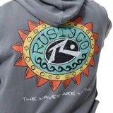 Buzo canguro gris con capucha y bolsillo canguro frontal. Presenta un parche circular estampado con motivos de sol y olas en tonos naranja, amarillo, turquesa y negro en el pecho.