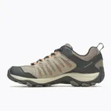 Championes de trekking Merrell Crosslander 3 para hombre, color beige con detalles en negro y naranja. Capellada de cuero y malla, puntera reforzada, forro de malla transpirable, plantilla Kinetic Fit BASE removible, amortiguación Merrell Air Cushion, entresuela de espuma EVA y suela de goma adherente.