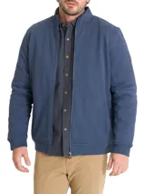 Campera azul de algodón orgánico con cierre frontal, cuello alto, bolsillos laterales y terminaciones en rib.