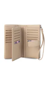 Billetera de mujer color negro, con textura símil cuero granulado. Presenta un cierre de presilla con broche, correa de mano desmontable y múltiples compartimentos internos, incluyendo un monedero con cierre.