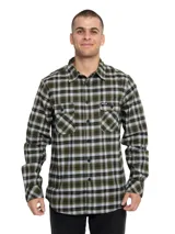 Camisa de manga larga con estampado a cuadros en tonos rojo, blanco, azul y gris. Tiene dos bolsillos en el pecho con cierre de botón, puños ajustables con botón y un paño de microfibra oculto en el dobladillo delantero.