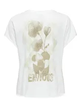 Camiseta blanca de algodón con estampado de flor y la palabra "Envious" en color dorado.