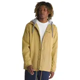 Campera Vans Riley Antelope color amarillo ocre con capucha gris y cierre con botones a presión.