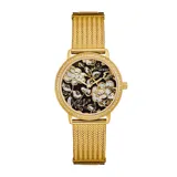 Reloj Guess dorado con caja redonda con strass, esfera negra con estampado floral en dorado y blanco, agujas doradas y malla milanesa dorada.