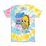 Remera blanca con diseño tie-dye en tonos celeste, rosa y amarillo. Estampado frontal con el personaje Mr. Sparkle de Los Simpsons y texto en japonés.