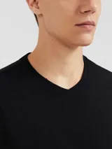 Remera negra de corte clásico con cuello en V y mangas cortas.