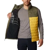 Chaleco Columbia Powder Lite para hombre, con tecnología Omni-Heat reflectante, aislamiento Thermarator, tela resistente al agua, ribete en cuello y puños, bolsillos con cierre y dobladillo ajustable. Diseño en dos tonos: verde oliva en la parte superior y amarillo en la parte inferior.