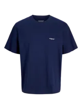 Remera azul marino de algodón con cuello redondo y corte holgado. Estampa en la espalda con diseño de planta en color naranja y texto en blanco.