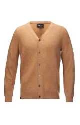 Cardigan color camel de cashmere 100% natural, con cuello en V y cierre frontal con botones.