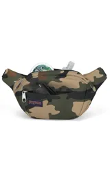 Riñonera JanSport Fifth Avenue negra con estampado de rayos blancos.