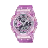 Reloj Casio G-Shock para mujer, modelo GMAS110VW-4ADR, con caja y correa de resina rosada transparente. Esfera analógico-digital rosada con detalles multicolor y luz LED.