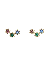 Par de aros dorados con tres flores de colores (rosa, azul y verde).