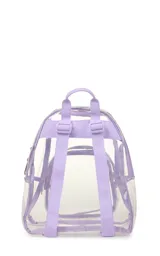 Mochila mini transparente con detalles en color lila pastel, marca JanSport.