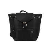 Cartera negra de estilo casual, con cierre en la parte superior y correas ajustables.