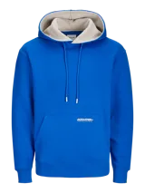 Canguro azul eléctrico con capucha y cordones ajustables, bolsillo tipo canguro y logo estampado en el pecho.