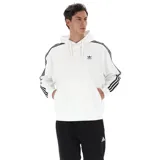 Hoodie (canguro) Adidas Originals blanco con capucha ajustable y bolsillo canguro frontal. Presenta el logo del trébol bordado en el pecho y las icónicas tres franjas negras a lo largo de las mangas.
