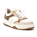 Zapatillas deportivas Via Marte Merit, color blanco con detalles en beige, marrón y dorado con glitter.
